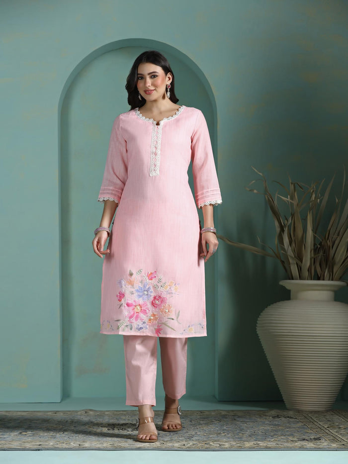 Women Linen Pink Solid Kurta Comfort Pant Dupatta.