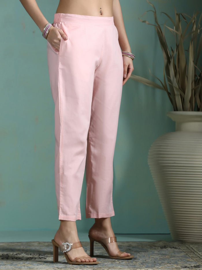 Women Linen Pink Solid Kurta Comfort Pant Dupatta.