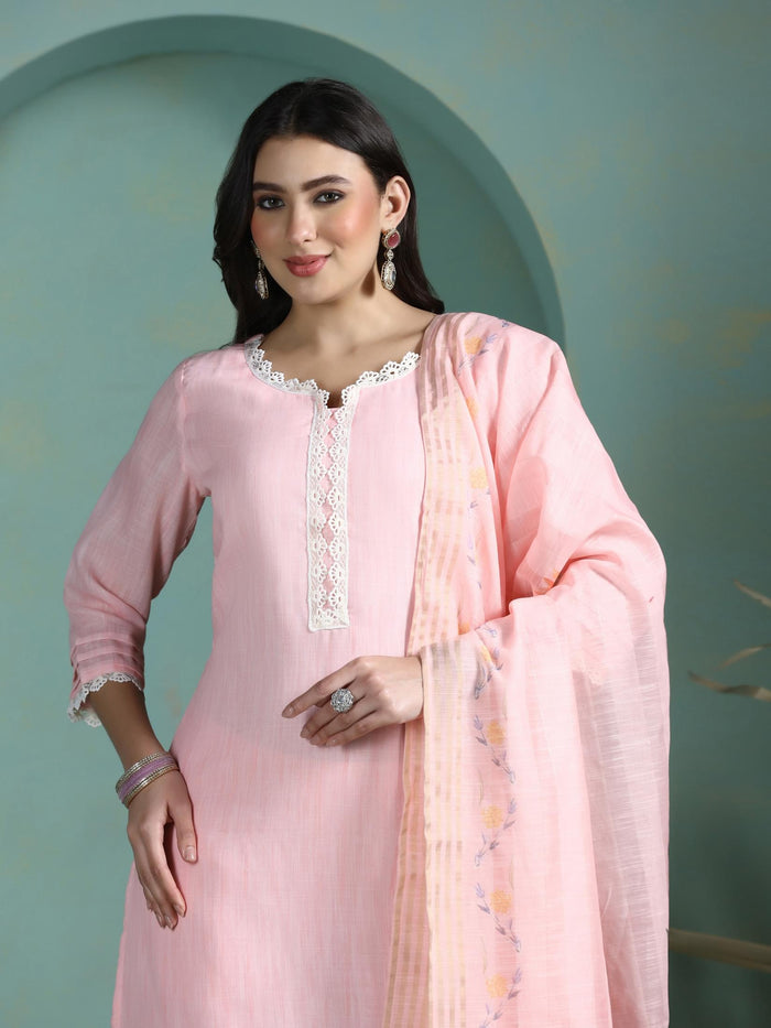 Women Linen Pink Solid Kurta Comfort Pant Dupatta.