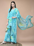 Women Liva Aqua Blue Abstract Print Kurta Sharara Dupatta.