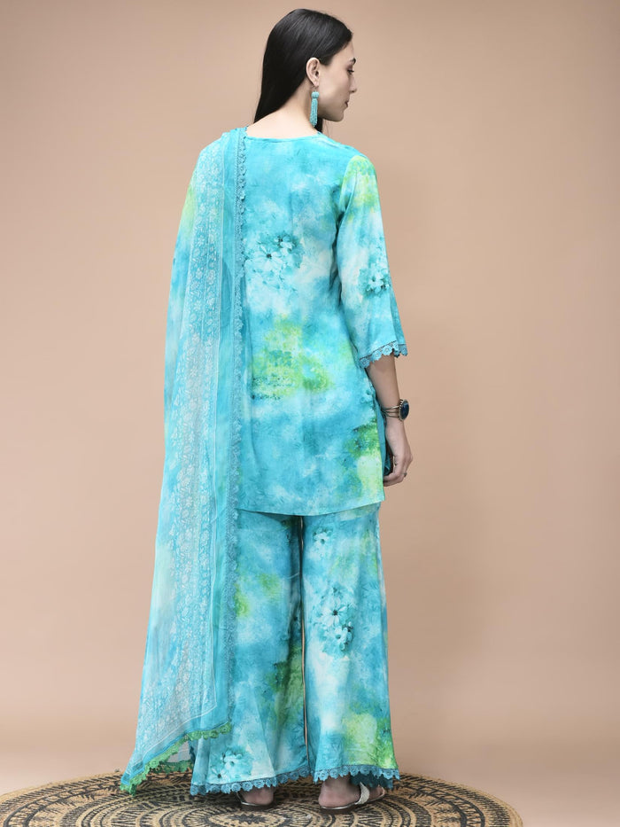 Women Liva Aqua Blue Abstract Print Kurta Sharara Dupatta.