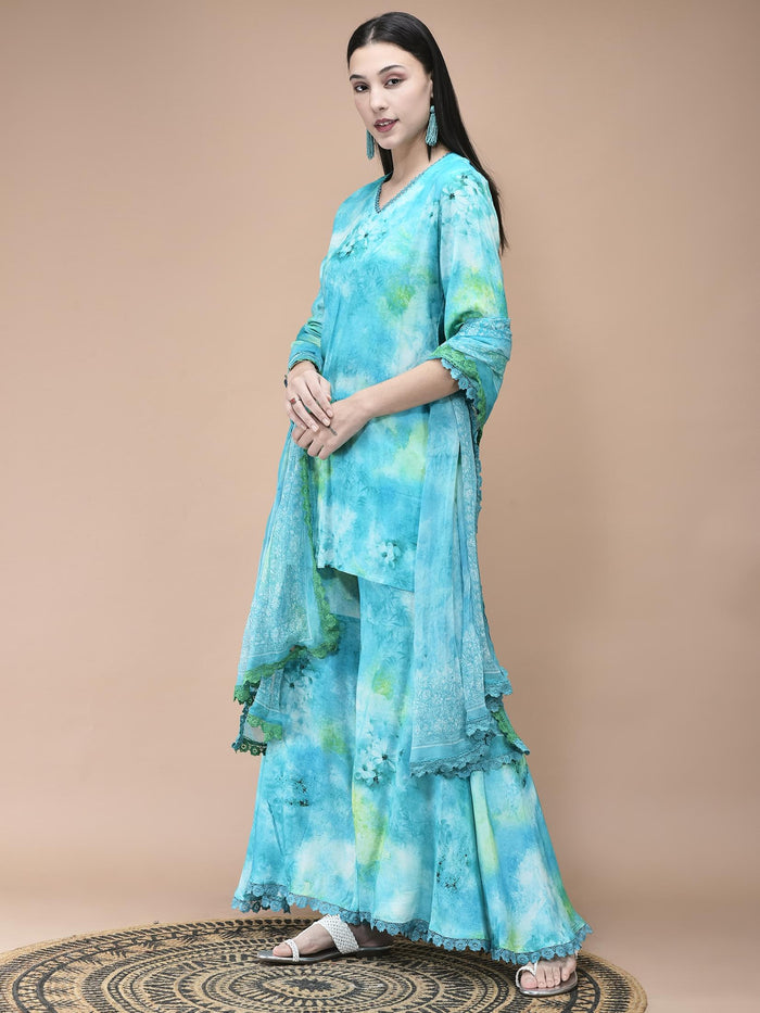 Women Liva Aqua Blue Abstract Print Kurta Sharara Dupatta.