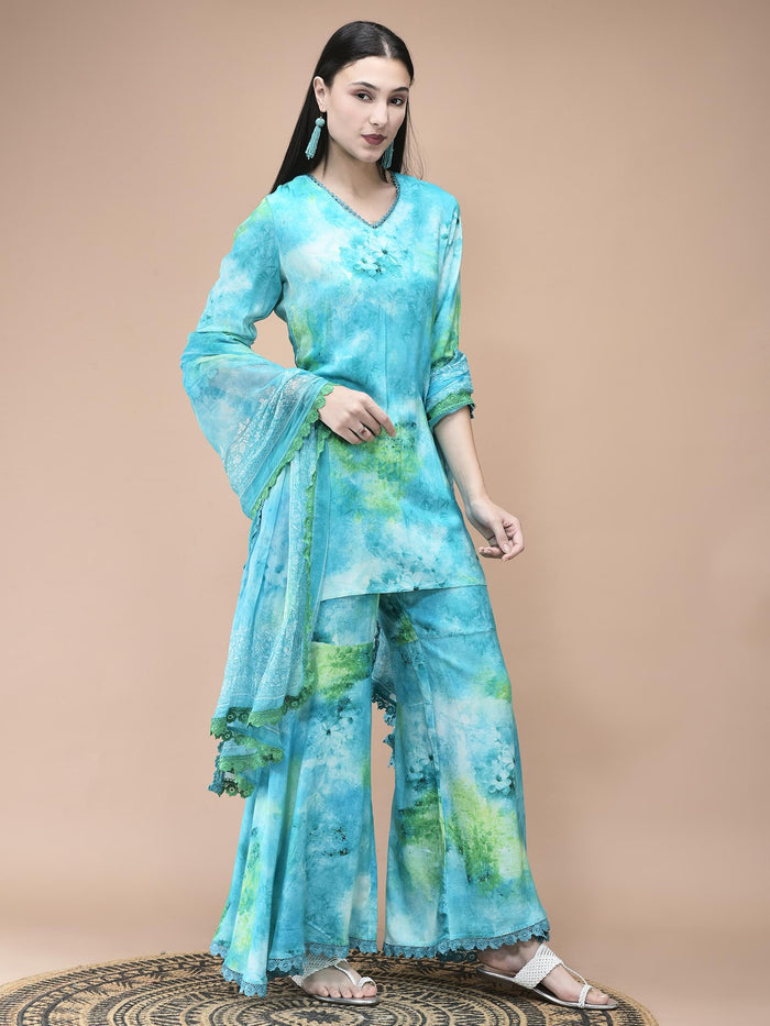Women Liva Aqua Blue Abstract Print Kurta Sharara Dupatta.