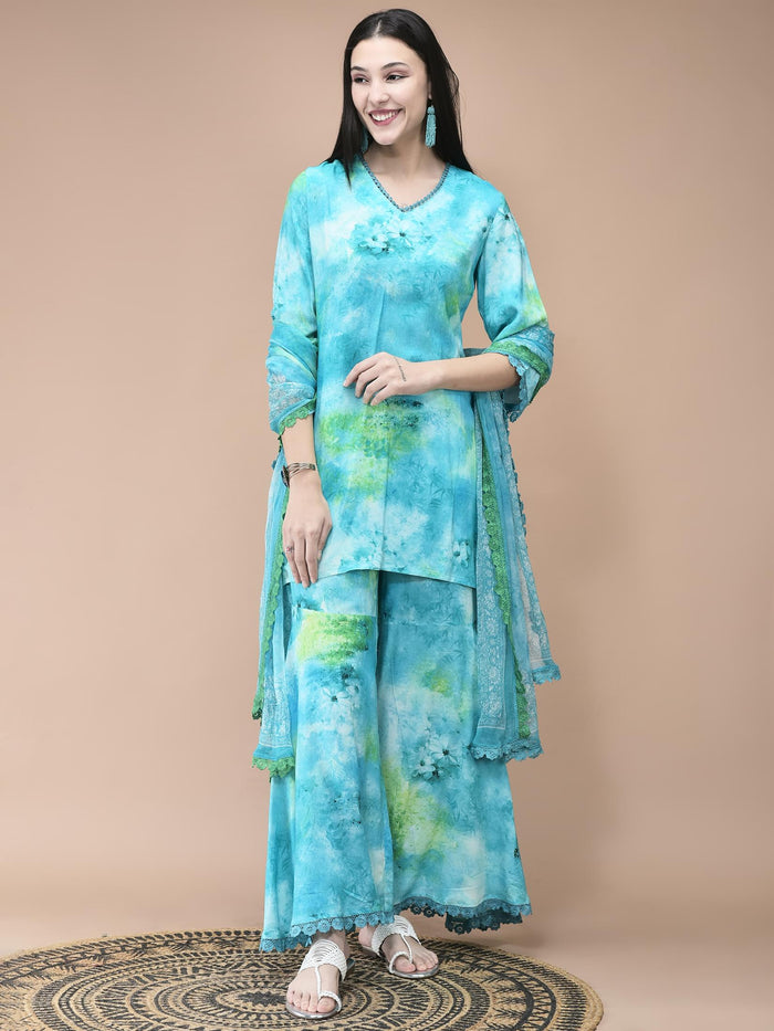 Women Liva Aqua Blue Abstract Print Kurta Sharara Dupatta.