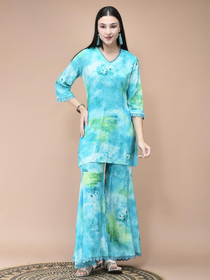 Women Liva Aqua Blue Abstract Print Kurta Sharara Dupatta.