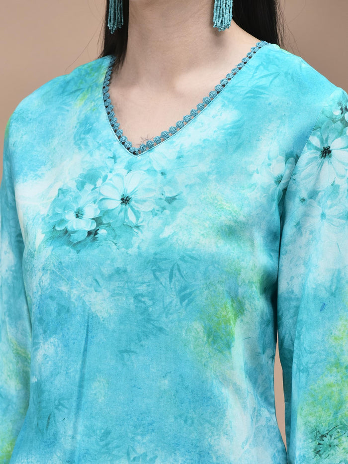 Women Liva Aqua Blue Abstract Print Kurta Sharara Dupatta.