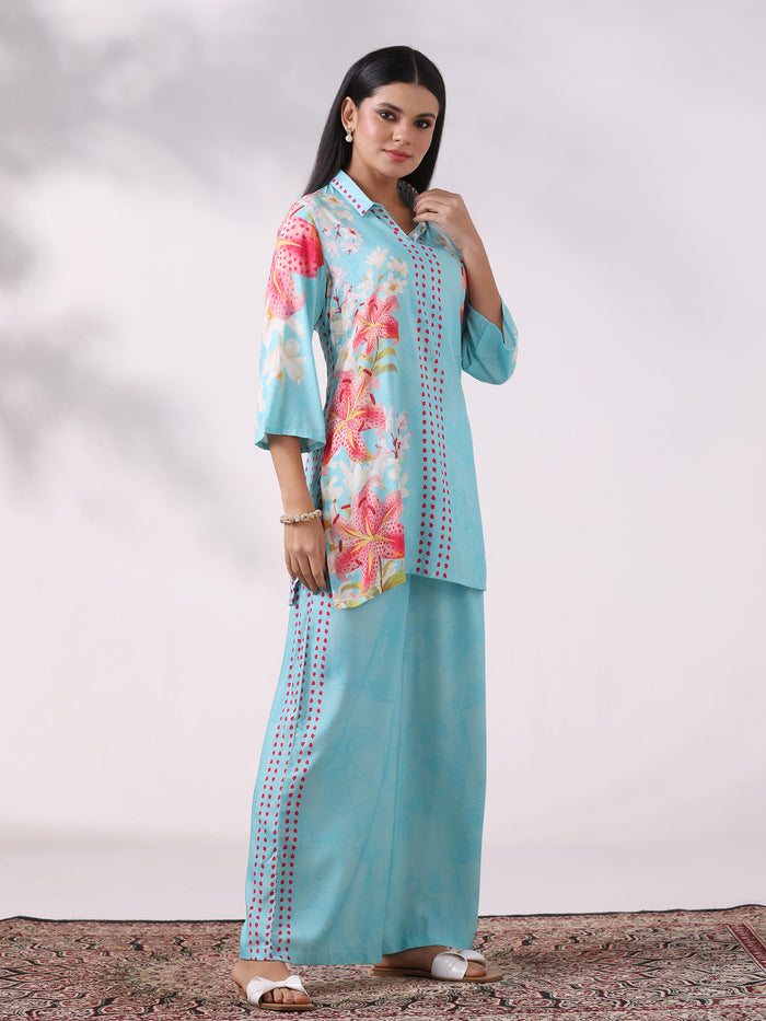 Women Liva Aqua Floral Print Co-Ord Set