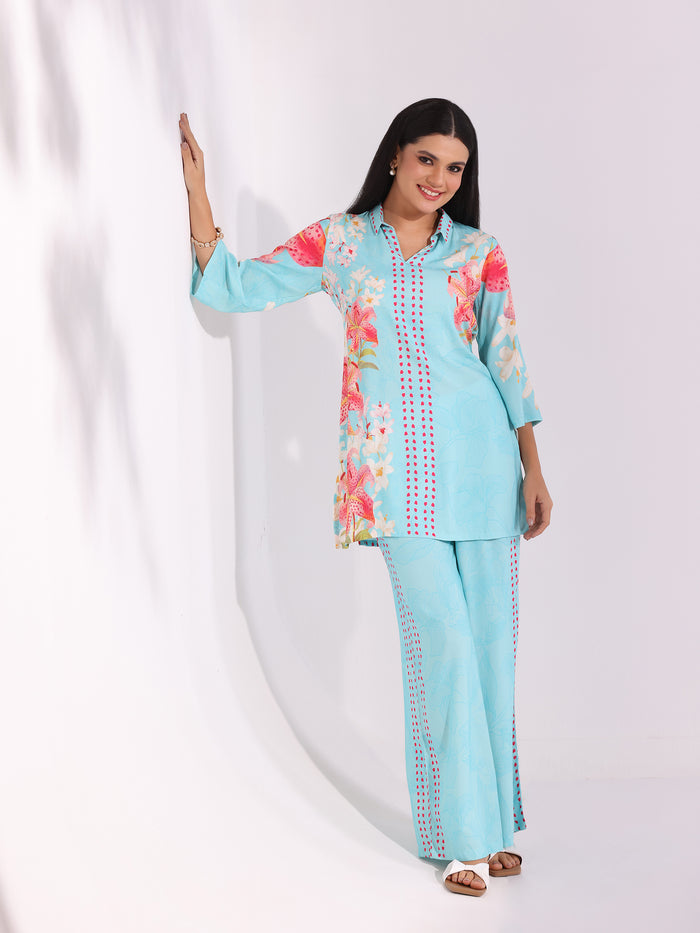 Women Liva Aqua Floral Print Co-Ord Set
