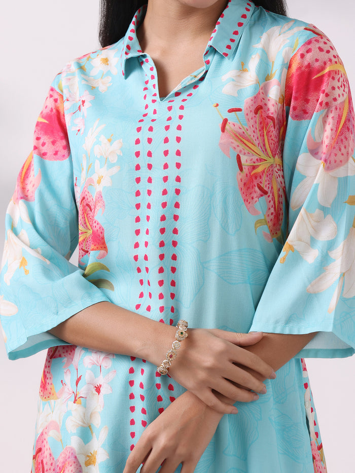 Women Liva Aqua Floral Print Co-Ord Set