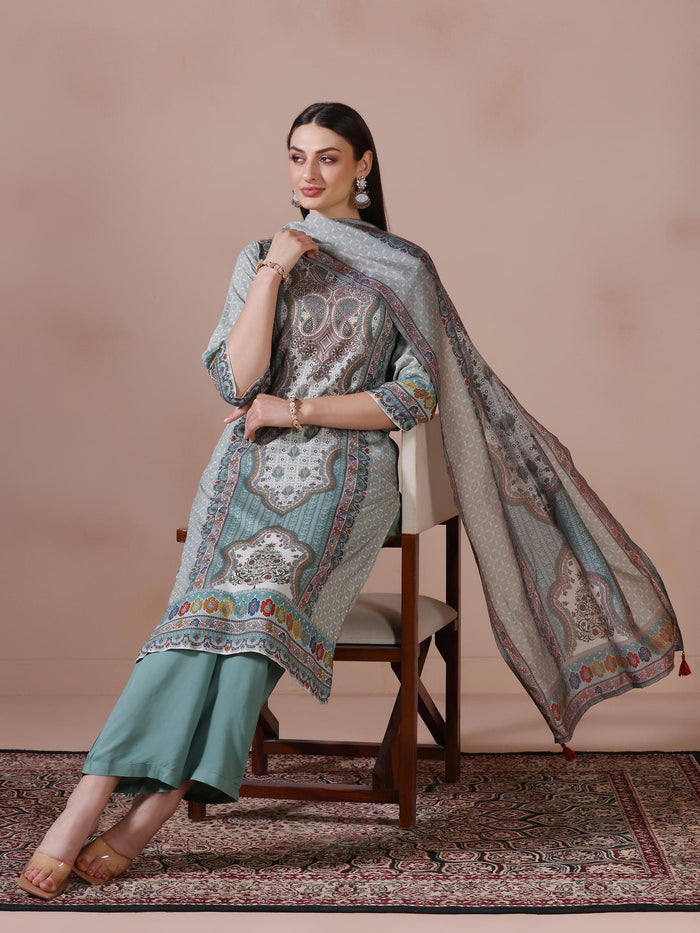 Women Liva Aqua Green Multi Printed Kurta Comfort Pant Dupatta.