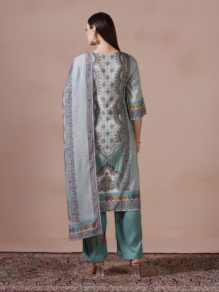 Women Liva Aqua Green Multi Printed Kurta Comfort Pant Dupatta.