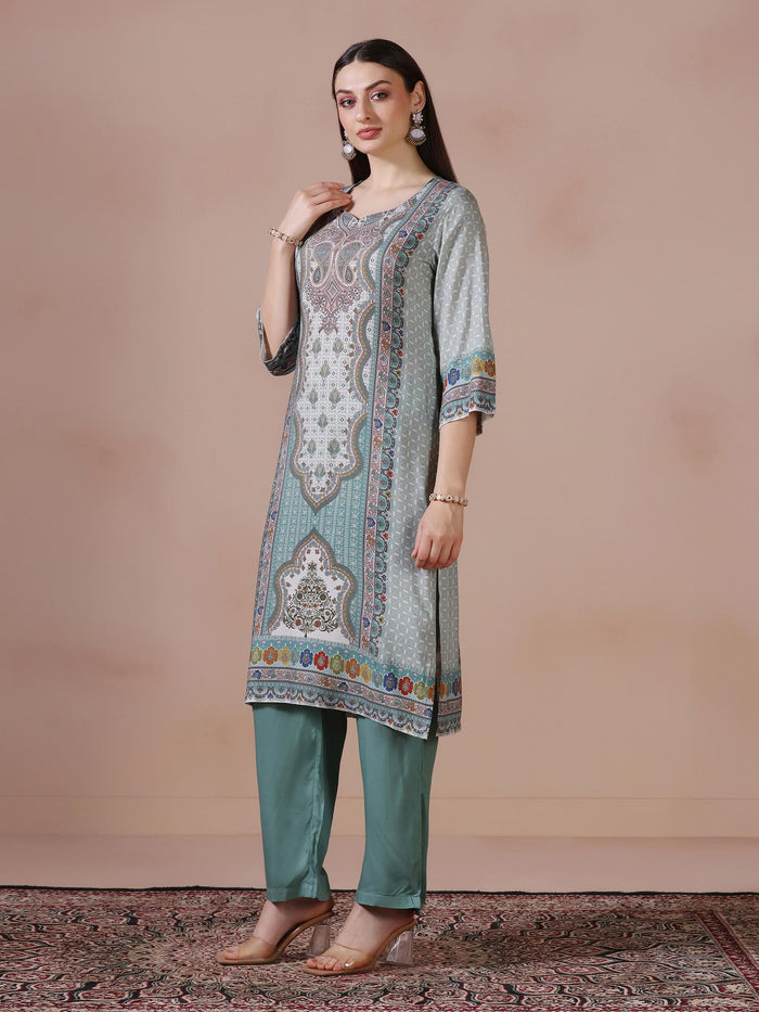 Women Liva Aqua Green Multi Printed Kurta Comfort Pant Dupatta.