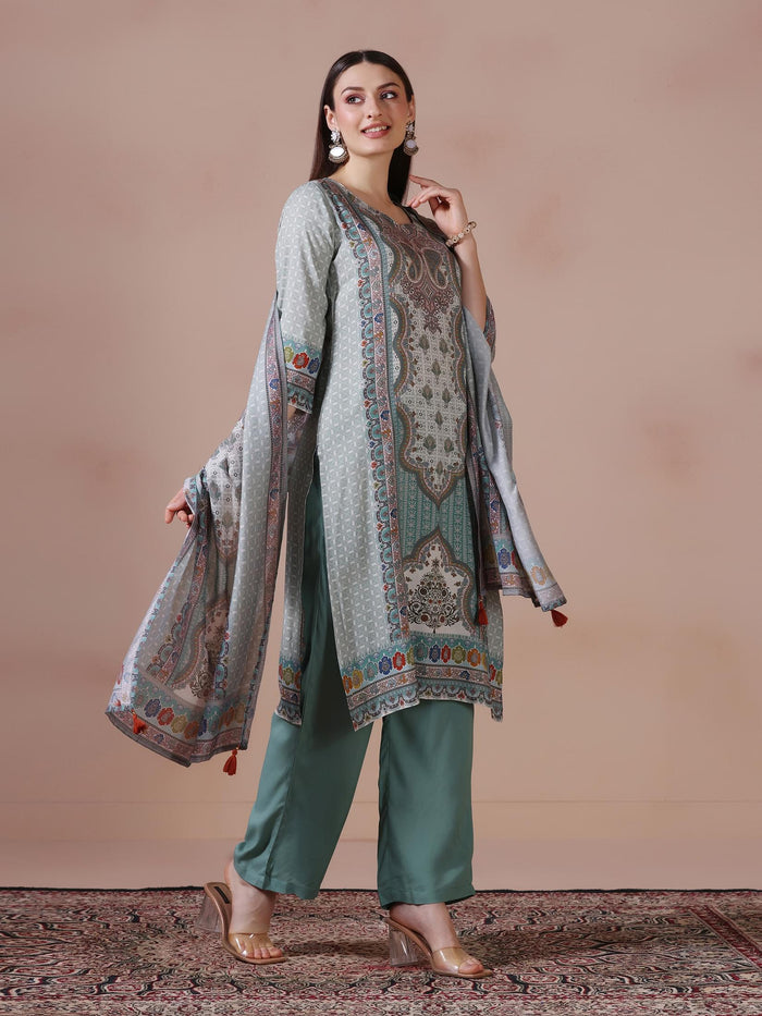 Women Liva Aqua Green Multi Printed Kurta Comfort Pant Dupatta.