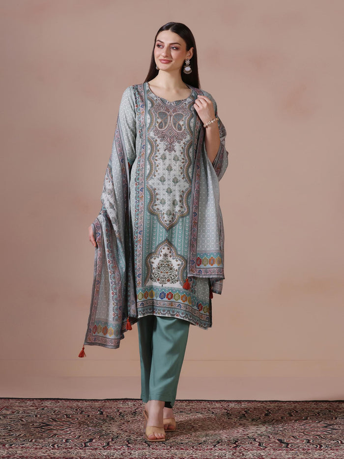 Women Liva Aqua Green Multi Printed Kurta Comfort Pant Dupatta.