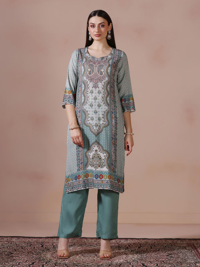 Women Liva Aqua Green Multi Printed Kurta Comfort Pant Dupatta.