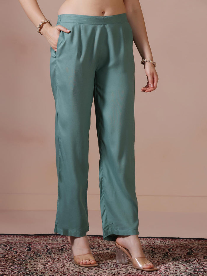 Women Liva Aqua Green Multi Printed Kurta Comfort Pant Dupatta.