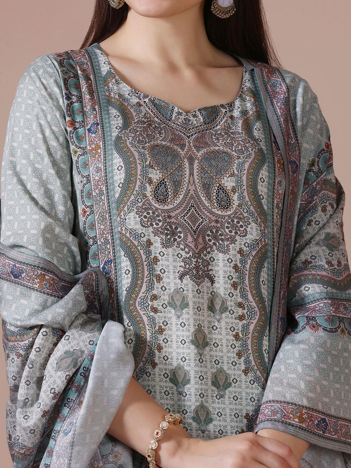 Women Liva Aqua Green Multi Printed Kurta Comfort Pant Dupatta.