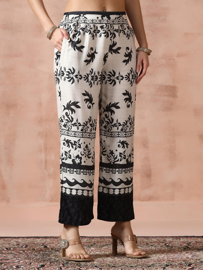 Women Liva Beige & Black Printed Kurta With Comfort Pant.