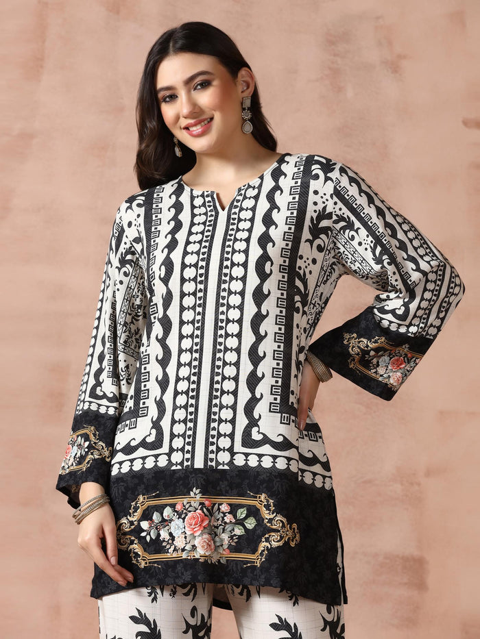 Women Liva Beige & Black Printed Kurta With Comfort Pant.
