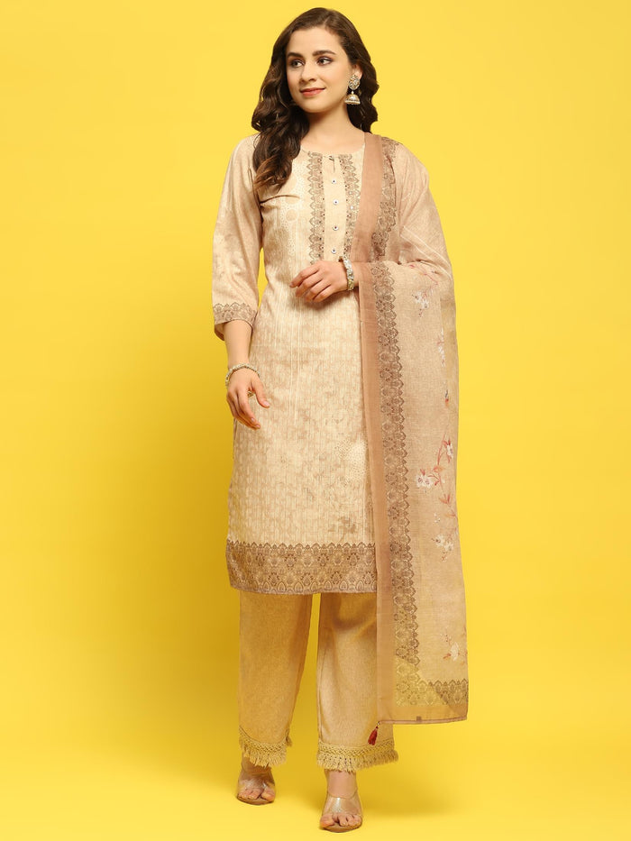 Women Liva Beige Ornamental Print Kurta Comfort Pant Dupatta.