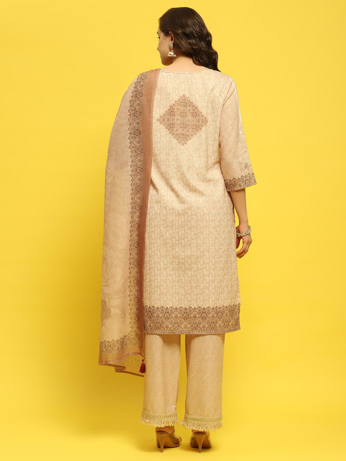 Women Liva Beige Ornamental Print Kurta Comfort Pant Dupatta.