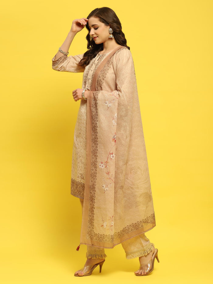 Women Liva Beige Ornamental Print Kurta Comfort Pant Dupatta.
