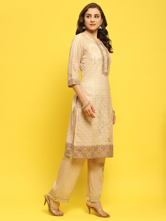 Women Liva Beige Ornamental Print Kurta Comfort Pant Dupatta.