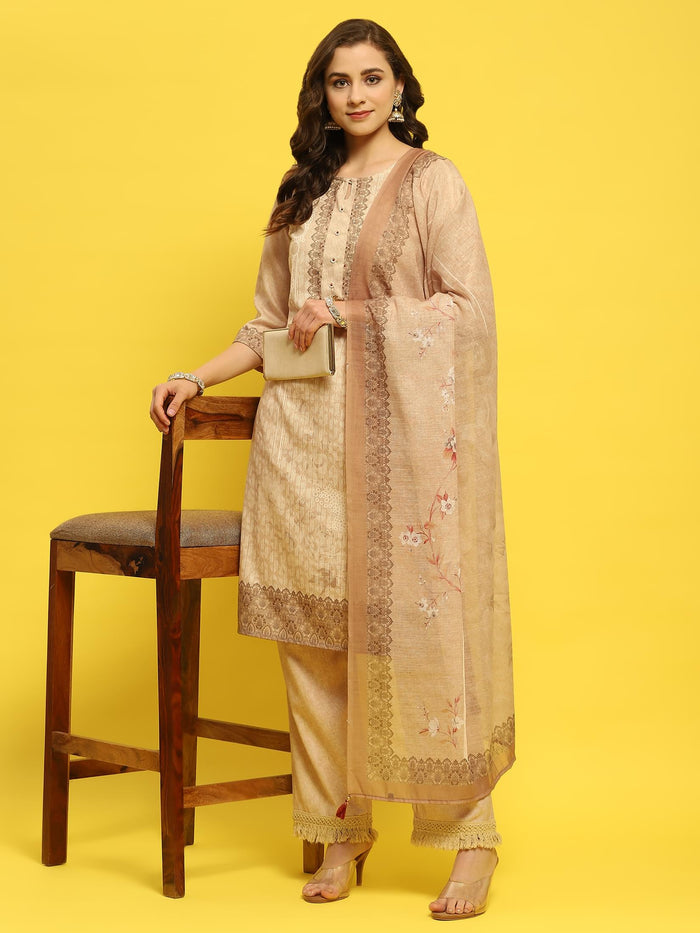 Women Liva Beige Ornamental Print Kurta Comfort Pant Dupatta.