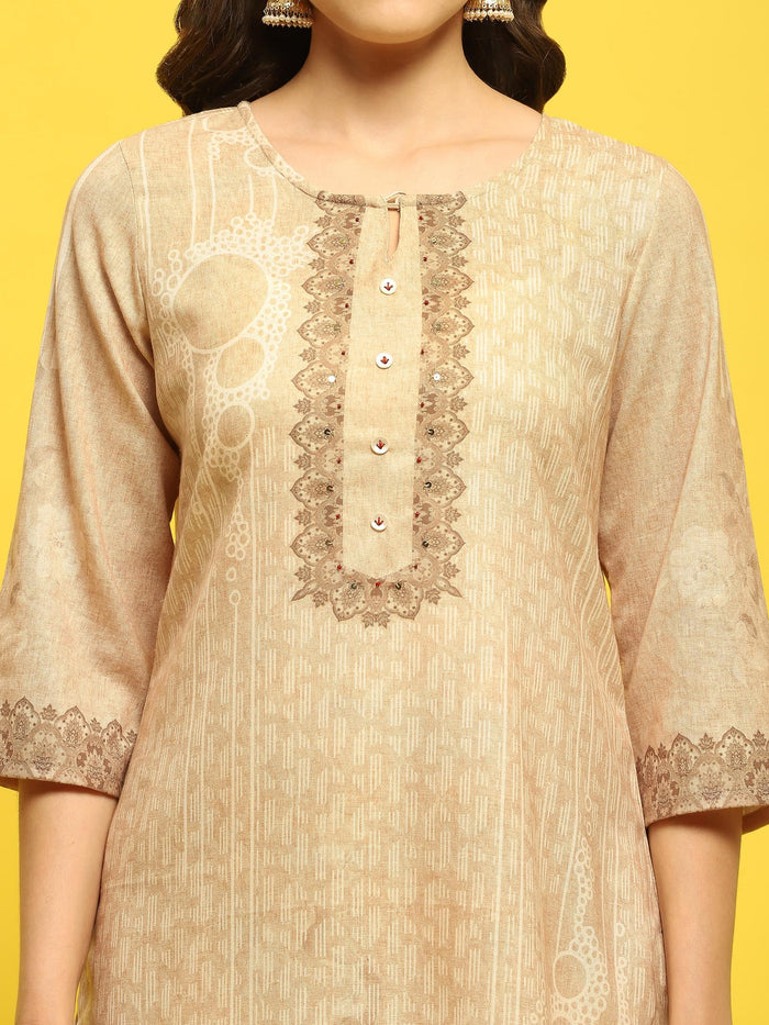 Women Liva Beige Ornamental Print Kurta Comfort Pant Dupatta.