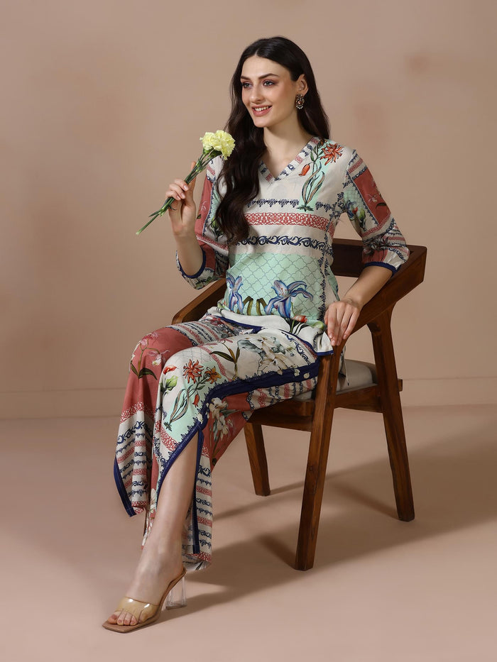 Women Liva Beige Printed Co Ord Set.