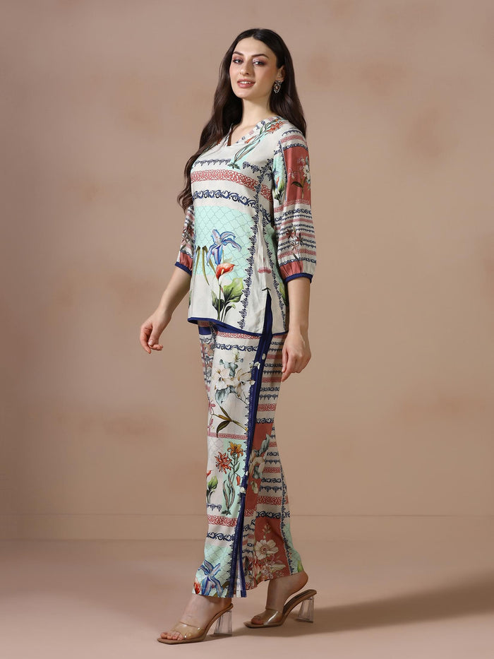 Women Liva Beige Printed Co Ord Set.