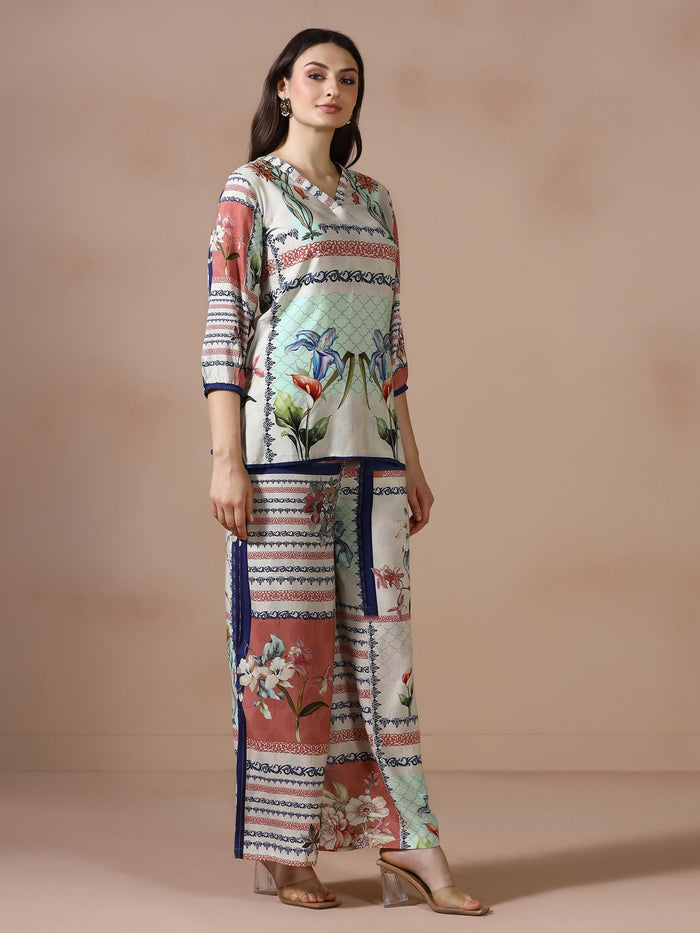 Women Liva Beige Printed Co Ord Set.