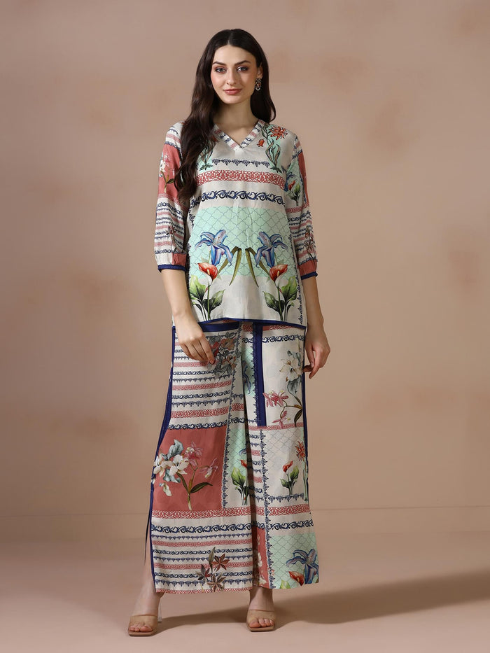 Women Liva Beige Printed Co Ord Set.