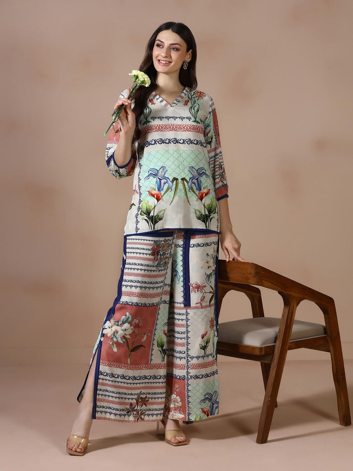 Women Liva Beige Printed Co Ord Set.