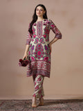 Women Liva Beige Printed Kurta With Comfort Pant.