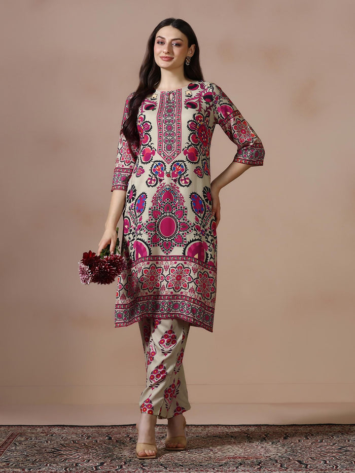 Women Liva Beige Printed Kurta With Comfort Pant.