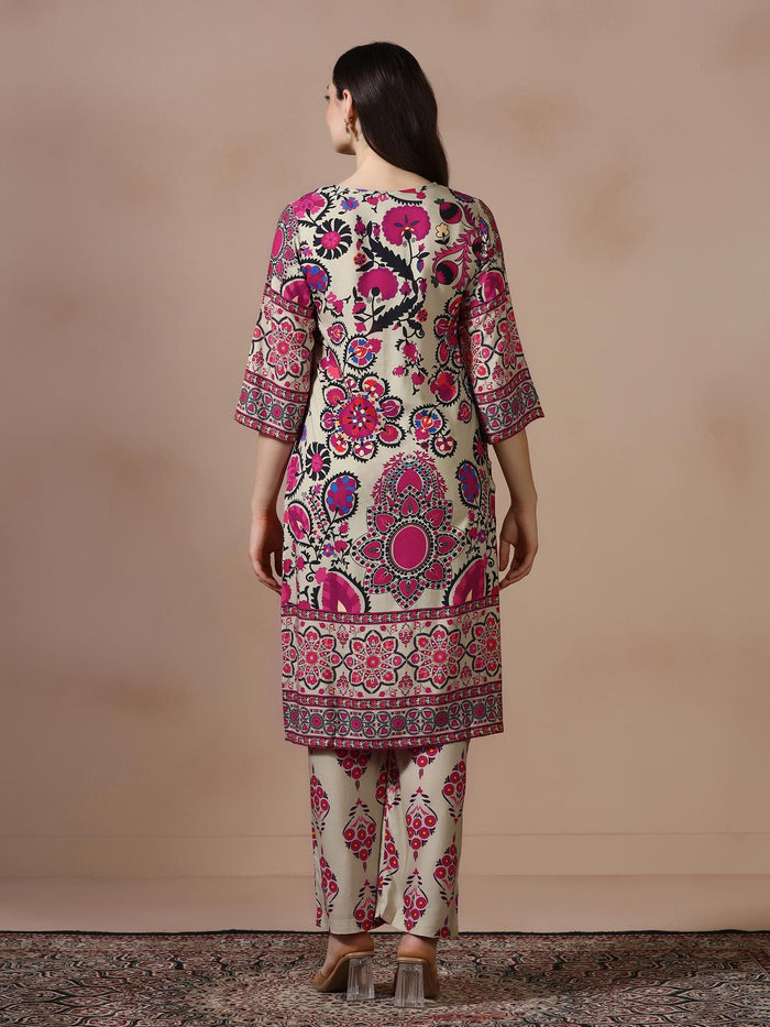 Women Liva Beige Printed Kurta With Comfort Pant.