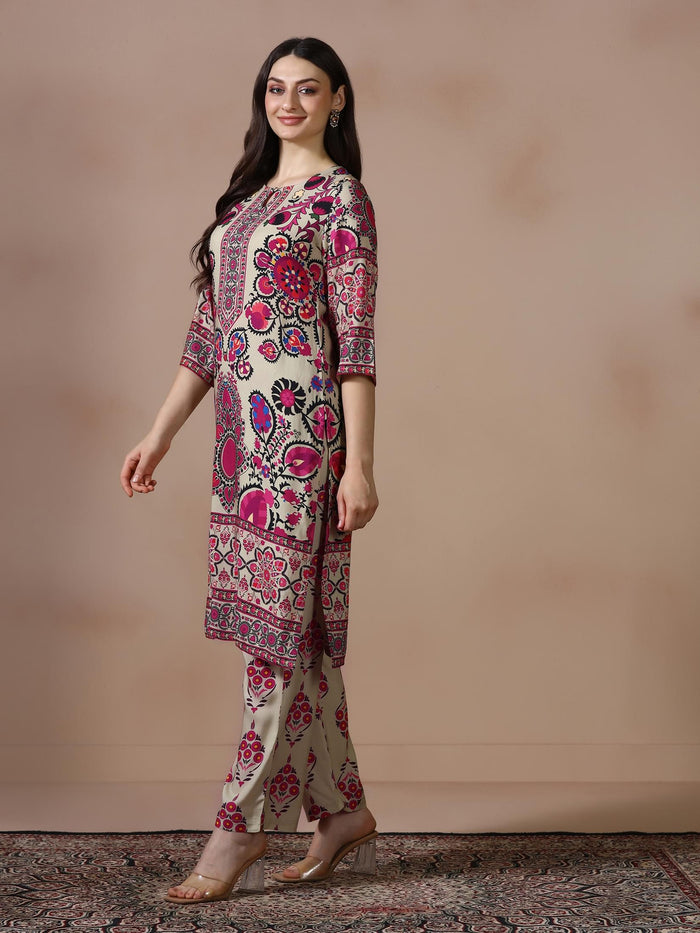 Women Liva Beige Printed Kurta With Comfort Pant.