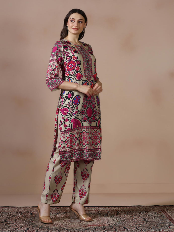 Women Liva Beige Printed Kurta With Comfort Pant.