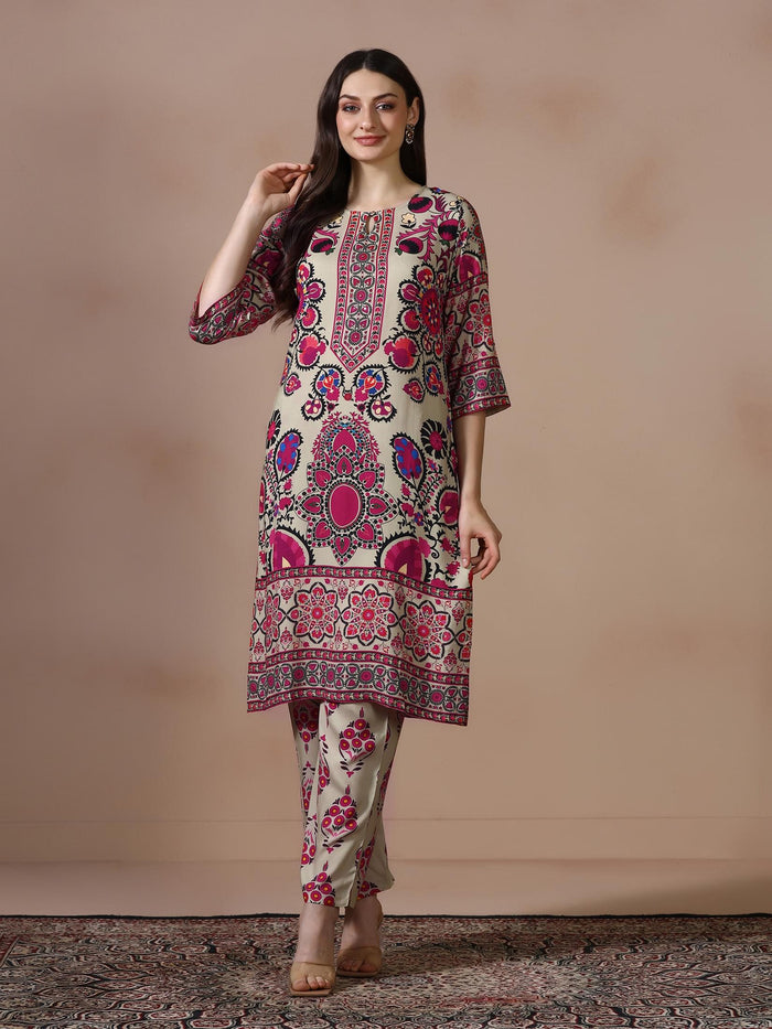 Women Liva Beige Printed Kurta With Comfort Pant.