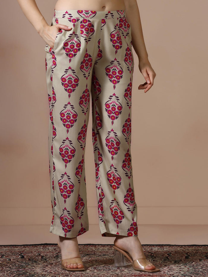 Women Liva Beige Printed Kurta With Comfort Pant.
