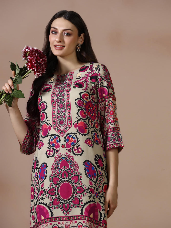 Women Liva Beige Printed Kurta With Comfort Pant.