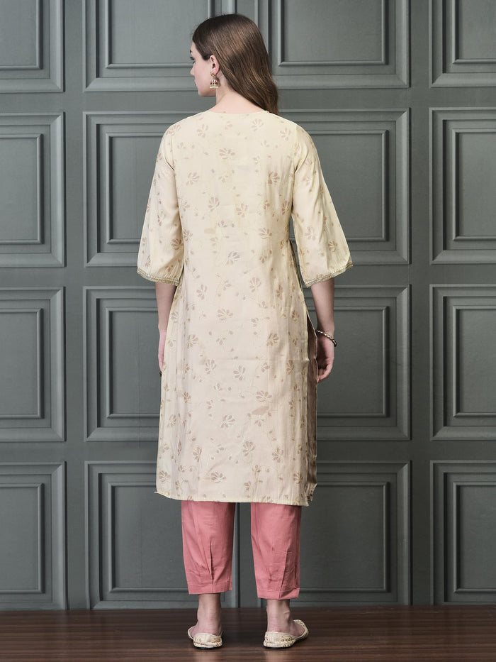 Women Liva Beige Printed Kurta.