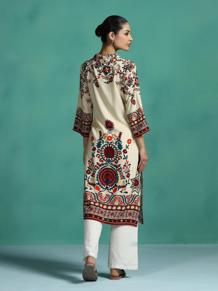 Women Liva Beige Printed Kurta.