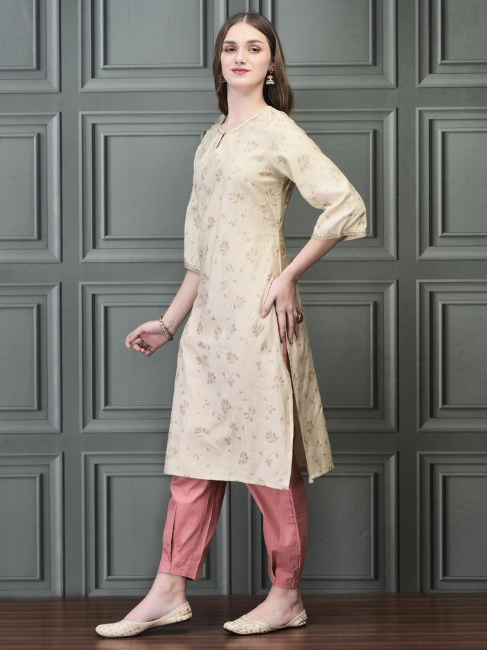 Women Liva Beige Printed Kurta.