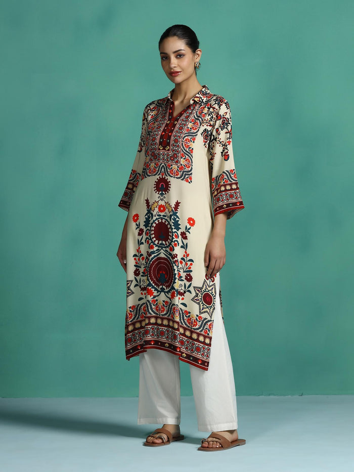Women Liva Beige Printed Kurta.