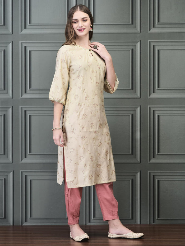 Women Liva Beige Printed Kurta.
