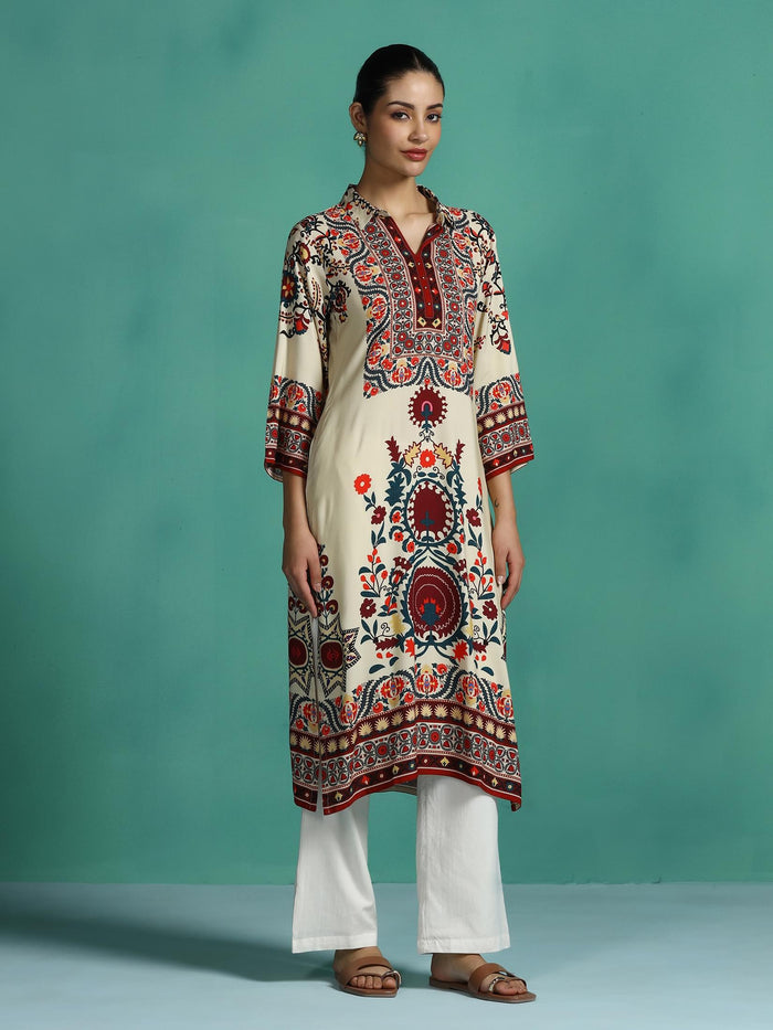 Women Liva Beige Printed Kurta.