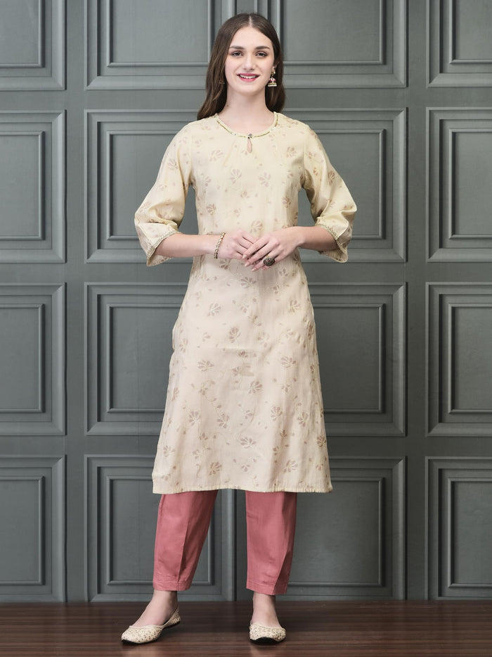 Women Liva Beige Printed Kurta.