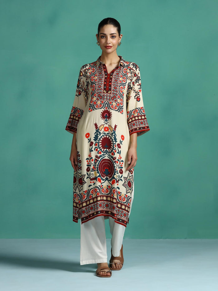 Women Liva Beige Printed Kurta.